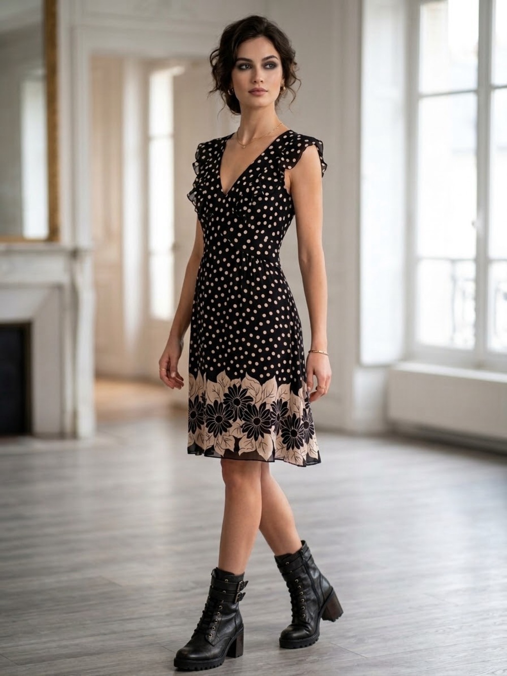 Anna Sui Black Dress with Beige Polka Dot and Floral Hem